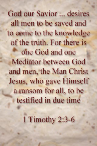 God our Savior ... desires all men to be saved and to come to the knowledge of the truth. For there is one God and one Mediator between God and men, the Man Christ Jesus, who gave Himself a ransom for all, to be testified in due time   1 Timothy 2:3-6