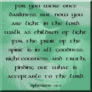 For you were once darkness, but now you are light in the Lord. Walk as children of light 9 (for the fruit of the Spirit[b] is in all goodness, righteousness, and truth), 10 finding out what is acceptable to the Lord. 