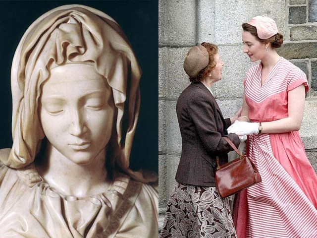 Left: Michelangelo’s The Pietà (1498-1499). Right: film still from Brooklyn (2015, setting 1952)