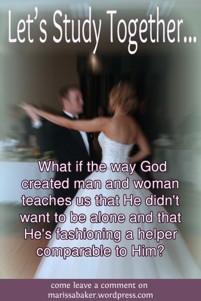  What if the way God created man and woman teaches us that He didn't want to be alone and that He's fashioning a helper comparable to Him? come leave a comment on marissabaker.wordpress.com