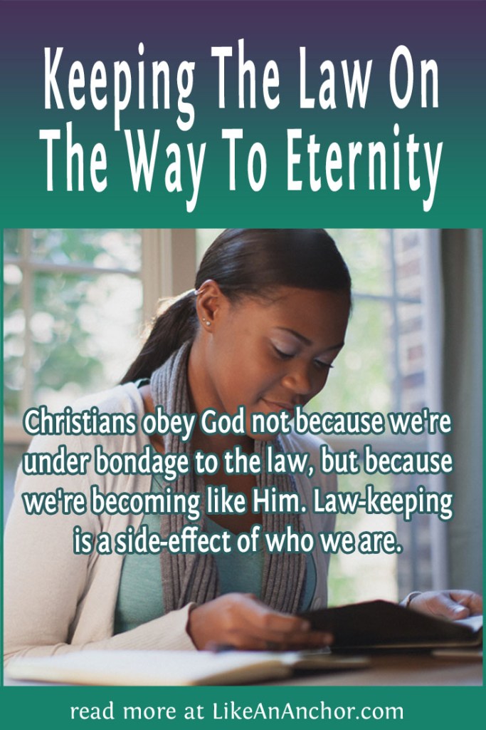 Image of a woman reading the Bible, overlaid with blog's title text and the words, "Christians obey God not because we're under bondage to the law, but because we're becoming like Him. Law-keeping is a side-effect of who we are."