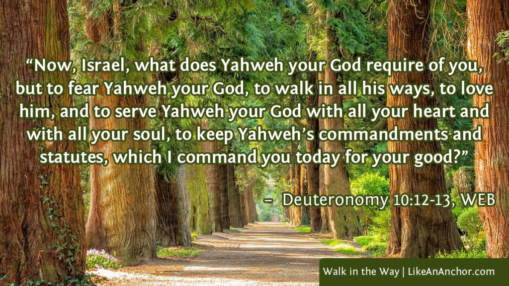 Image of a path through a forest, with text from Deuteronomy 10:12-13, WEB version: "Now, Israel, what does Yahweh your God require of you, but to fear Yahweh your God, to walk in all his ways, to love him, and to serve Yahweh your God with all your heart and with all your soul, to keep Yahweh’s commandments and statutes, which I command you today for your good?”