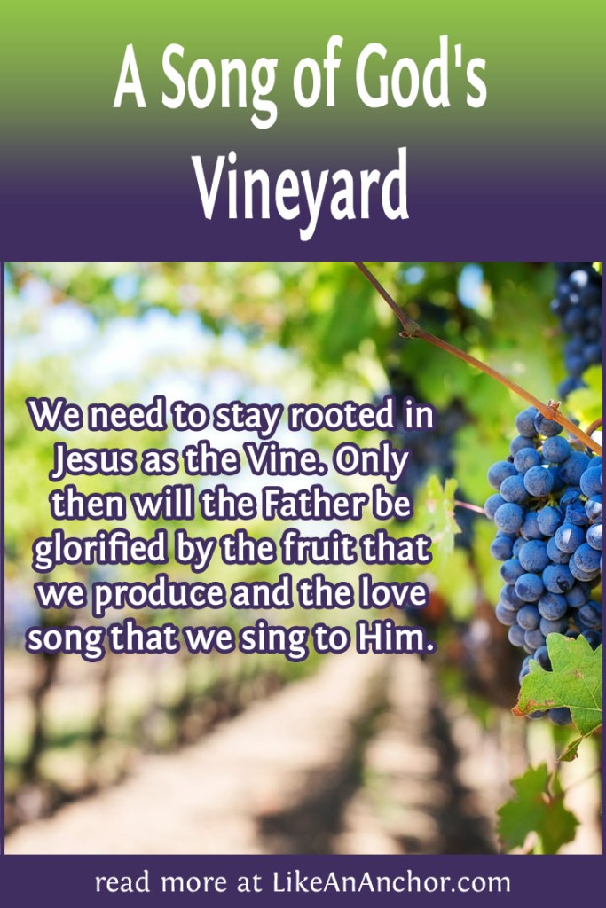 Image of grapes in a vineyard with the blog's title text and the words "We need to stay rooted in Jesus as the Vine. Only then will the Father be glorified by the fruit that we produce and the love song that we sing to Him."