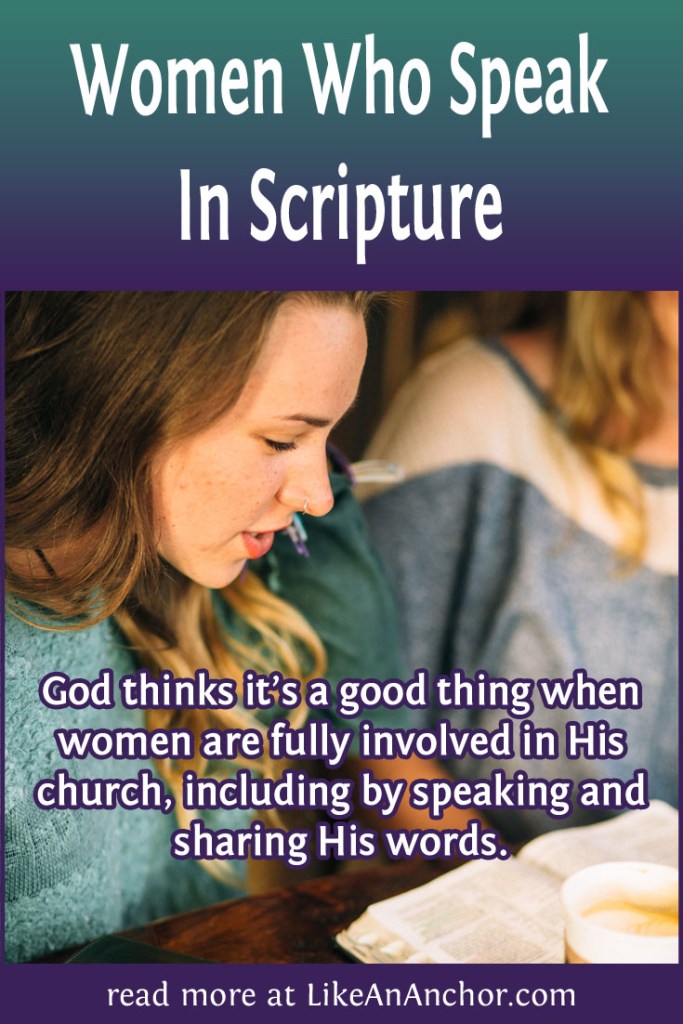 Image of two women studying a Bible with the blog's title text and the words "God thinks it's a good thing when women are fully involved in His church, including by speaking and sharing His words."