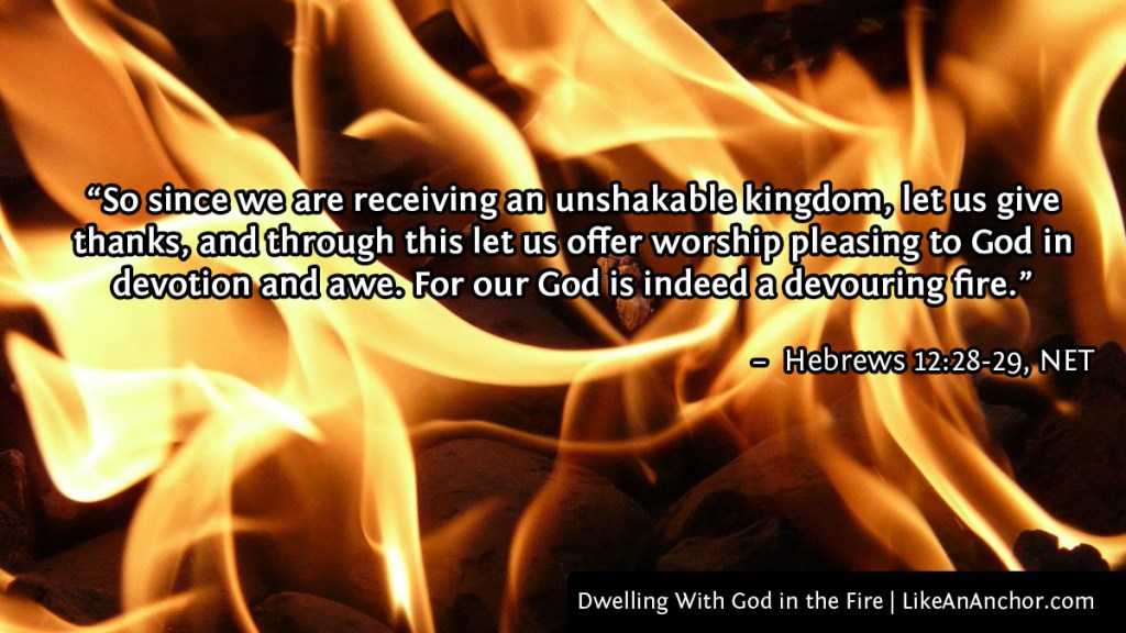 Image of burning fire, with text from Hebrews 12:28-29, NET version: "So since we are receiving an unshakable kingdom, let us give thanks, and through this let us offer worship pleasing to God in devotion and awe. For our God is indeed a devouring fire."