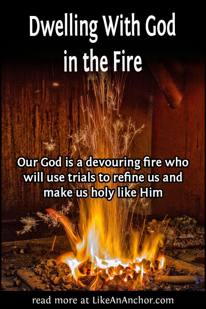 Image of a fire burning in a forge with the blog's title text and the words "Our God is a devouring fire who will use trials to refine us and make us holy like Him."