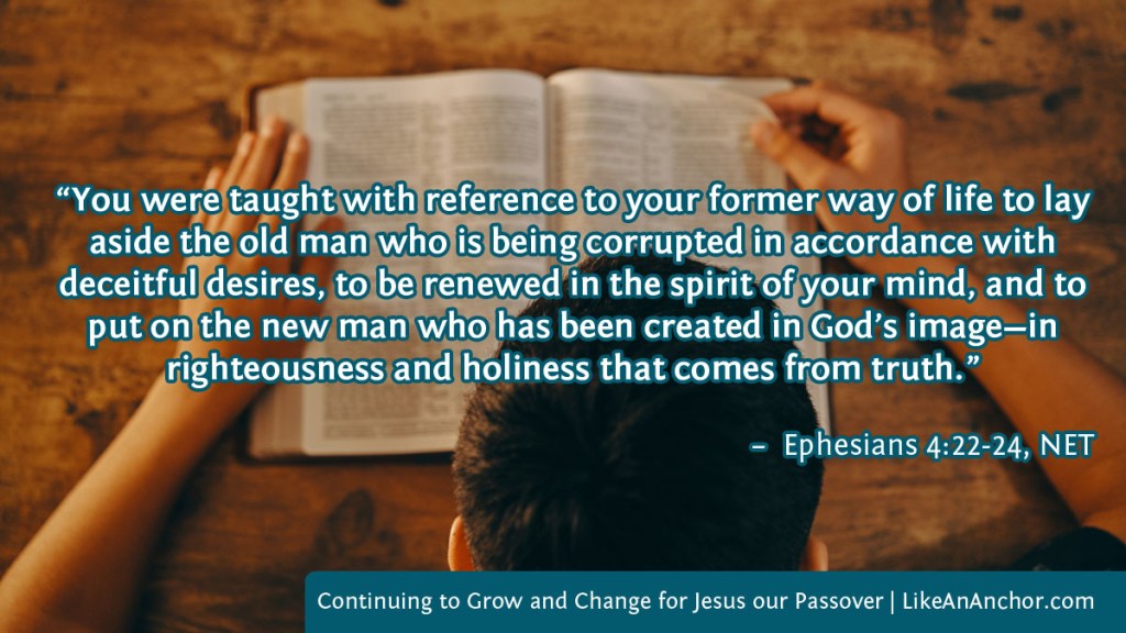 Image of a man studying the Bible, with text from Ephesians 4:22-24, NET version: “You were taught with reference to your former way of life to lay aside the old man who is being corrupted in accordance with
deceitful desires, to be renewed in the spirit of your mind, and to put on the new man who has been created in God’s image—in righteousness and holiness that comes from truth.”