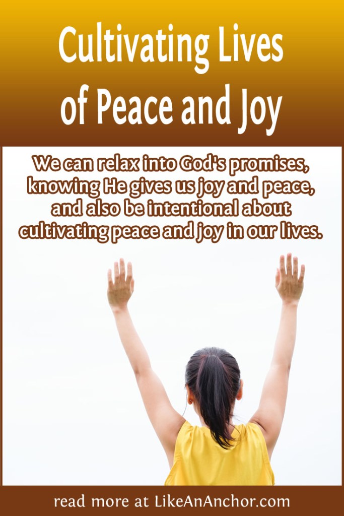 Image of a woman with her hands raised, with the blog's title text and the words "We can relax into God's promises, knowing He gives us joy and peace, and also be intentional about cultivating peace and joy in our lives."