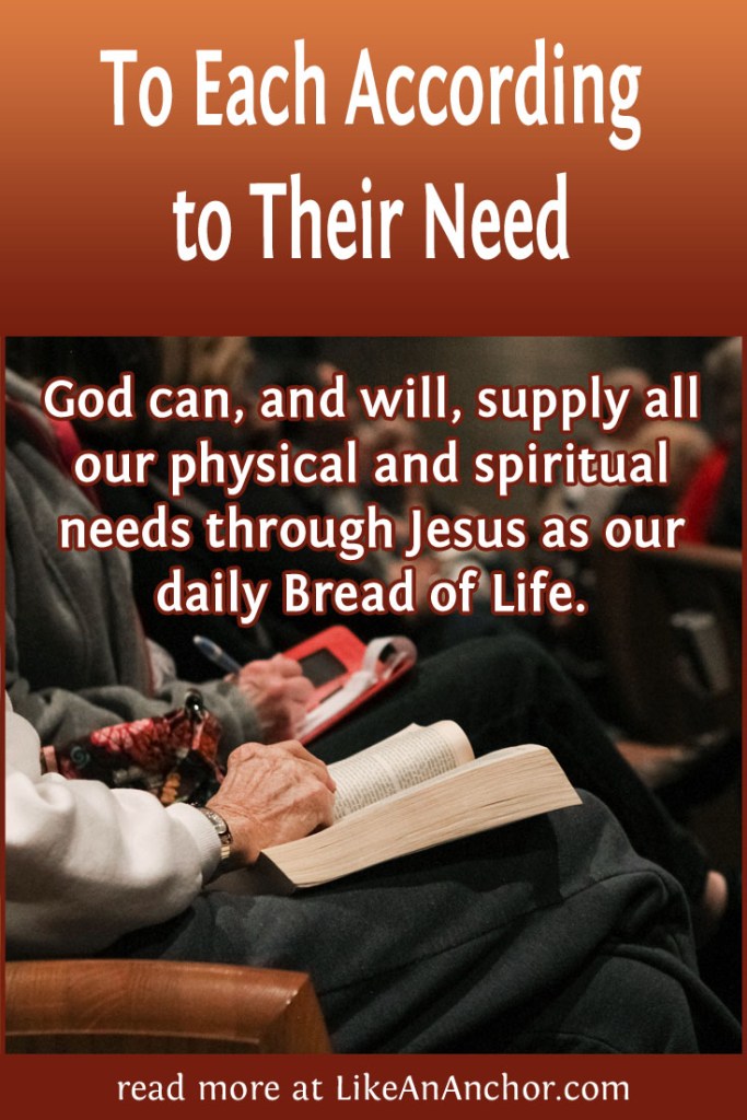 Image of people sitting in church holding Bibles, with the blog's title text and the words "God can, and will, supply all our physical and spiritual needs through Jesus as our daily Bread of Life."