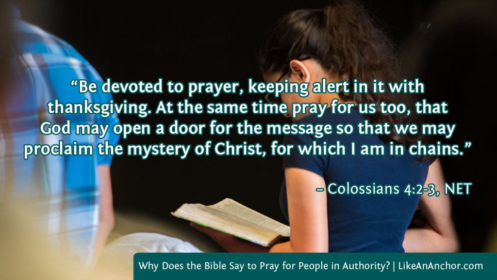 Image of a girl standing in church reading a Bible, with text from Colossians 4:2-3, NET version: “Be devoted to prayer, keeping alert in it with thanksgiving. At the same time pray for us too, that God may open a door for the message so that we may proclaim the mystery of Christ, for which I am in chains.”
