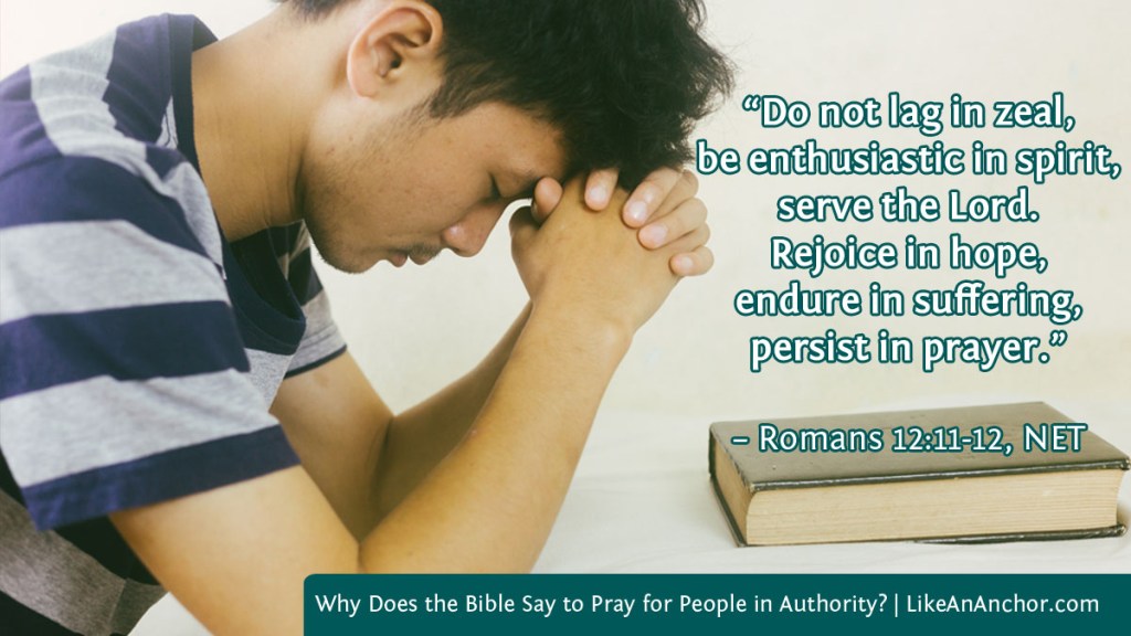 Image of a man praying with text from Romans 12:11-12, NET version: “Do not lag in zeal, be enthusiastic in spirit, serve the Lord. Rejoice in hope, endure in suffering, persist in prayer.”