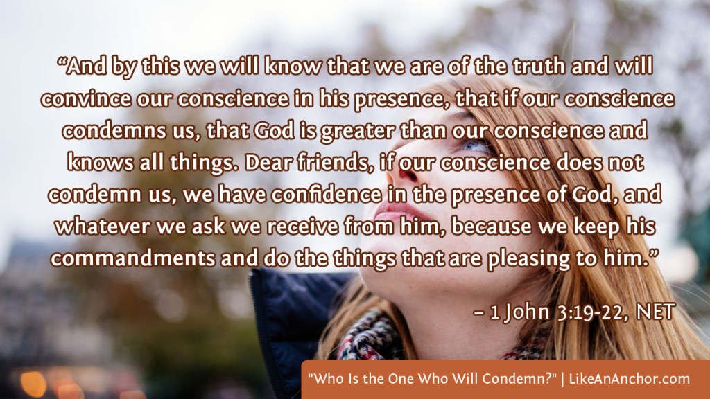 Image of a woman looking up at the sky, with text from 1 John 3:19-22, NET version: "And by this we will know that we are of the truth and will convince our conscience in his presence, that if our conscience condemns us, that God is greater than our conscience and knows all things. Dear friends, if our conscience does not 
condemn us, we have confidence in the presence of God, and whatever we ask we receive from him, because we keep his commandments and do the things that are pleasing to him."