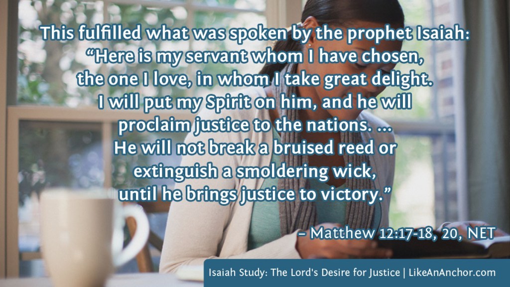 Image of a woman studying her Bible overlaid with text from Matt. 12:17-18, 20, NET translation: This fulfilled what was spoken by the prophet Isaiah: “Here is my servant whom I have chosen, the one I love, in whom I take great delight. I will put my Spirit on him, and he will proclaim justice to the nations. ...
He will not break a bruised reed or 
extinguish a smoldering wick,
until he brings justice to victory.”