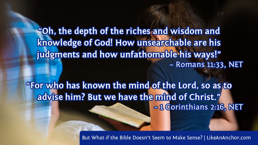 Image of a girl reading the bible, with text from Romans 11:33 and 1 Corinthians 2:16, NET version.