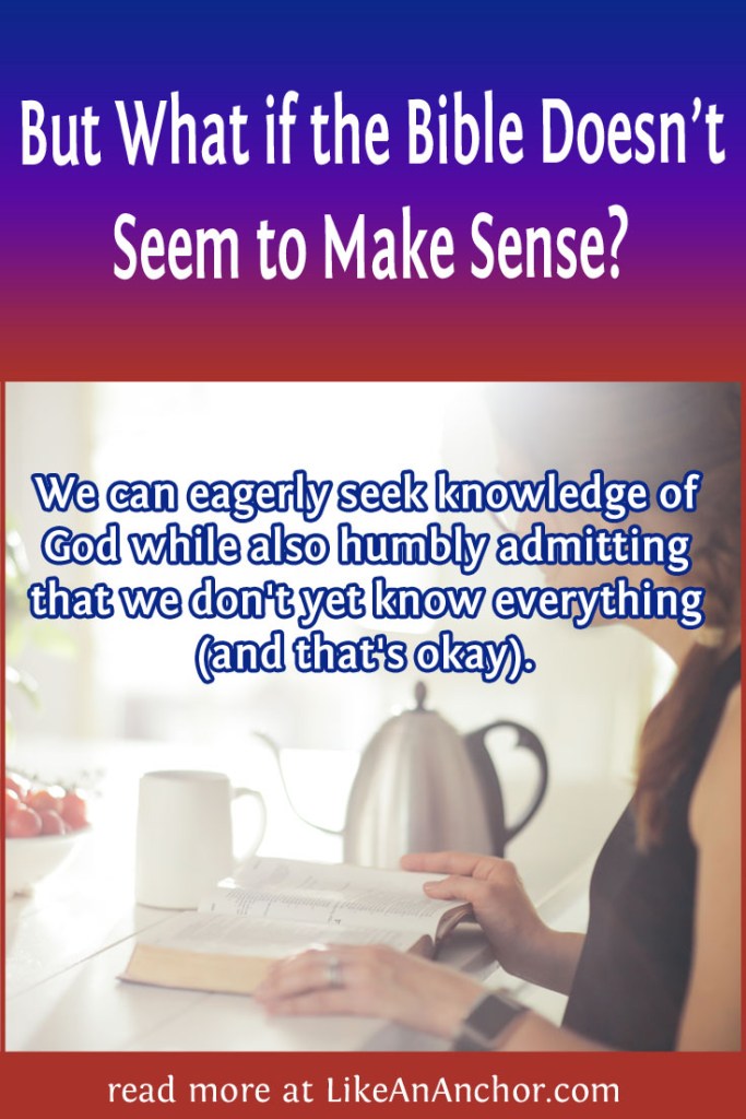 Image of a woman studying her Bible with the blog's title text and the words "We can eagerly seek knowledge of God while also humbly admitting that we don't yet know everything (and that's okay)."