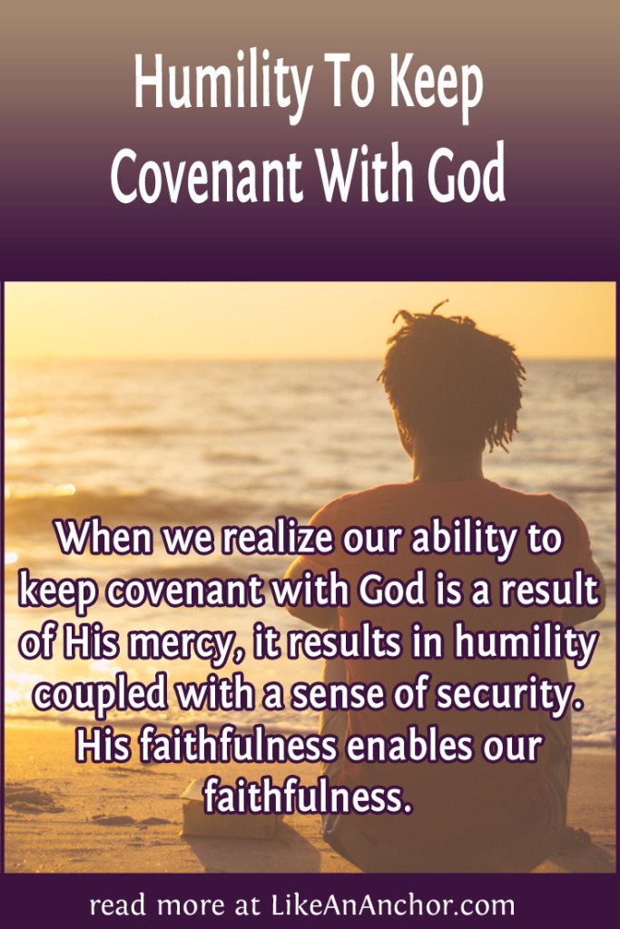 Image of a man sitting on a beach at sunset with the blog's title text and the words "When we realize our ability to keep covenant with God is a result of His mercy, it results in humility coupled with a sense of security. His faithfulness enables our 
faithfulness."