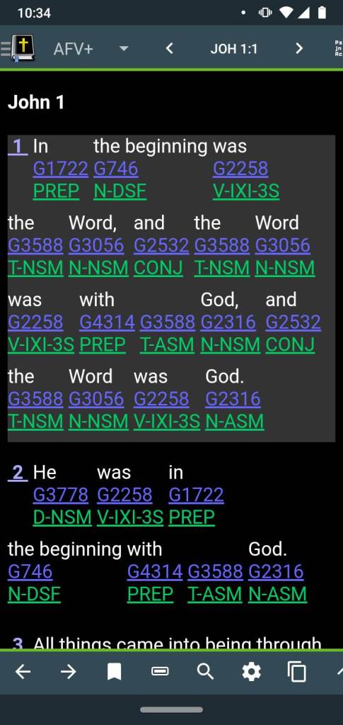 Screenshot of MySword AFV+ translation of John 1:1