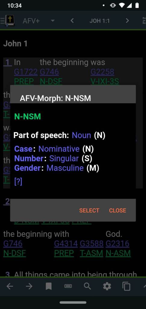 screenshot of AFV+ morphology for the world logos in John 1:1