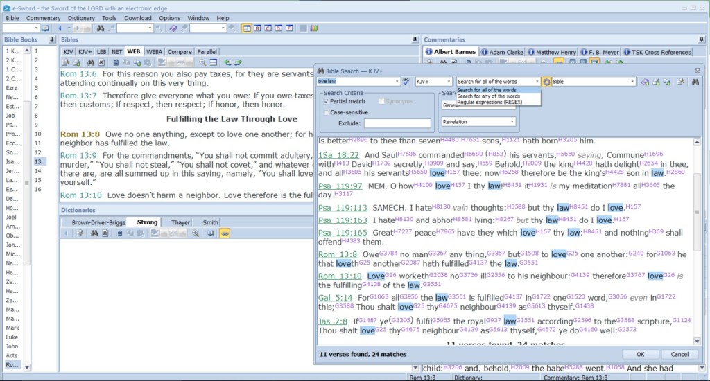 screenshot of eSword Bible program showing search tools using the example  of searching for partial matches to the words "love law" 