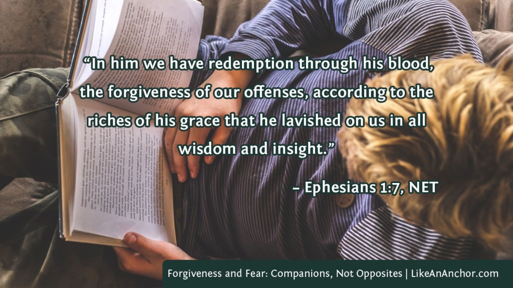 Image of a man reading a Bible overlaid with text from Ephesians 1:7, NET version: “In him we have redemption through his blood, the forgiveness of our offenses, according to the riches of his grace that he lavished on us in all wisdom and insight.”