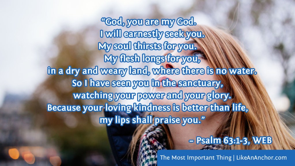 Image of a woman looking up at the sky overlaid with text from Psalm 63:1-3, WEB version:   “God, you are my God. I will earnestly seek you. My soul thirsts for you. My flesh longs for you, in a dry and weary land, where there is no water. So I have seen you in the sanctuary, watching your power and your glory. Because your loving kindness is better than life, my lips shall praise you.”