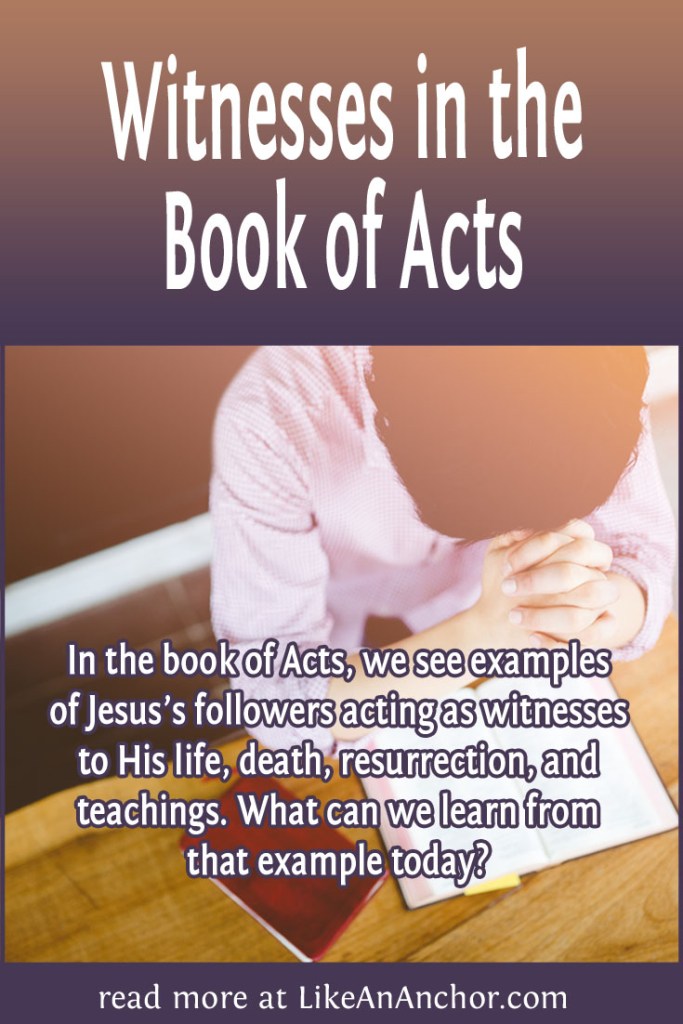 Image of a man praying with an open Bible with the blog's title text and the words "In the book of Acts, we see examples
of Jesus’s followers acting as witnesses to His life, death, resurrection, and teachings. What can we learn from that example today?"
