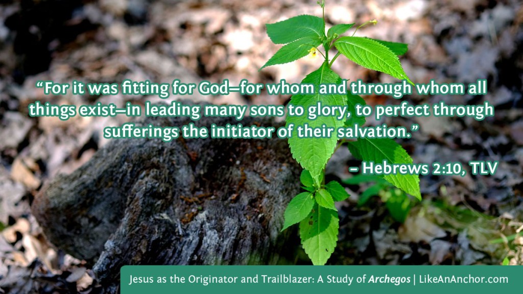 Image of a tree sprouting in the forest overlaid with text from Heb. 2:10, TLV version: “For it was fitting for God—for whom and through whom all things exist—in leading many sons to glory, to perfect through sufferings the initiator of their salvation.”
