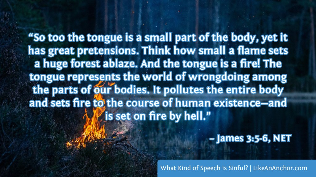 Image of a campfire in the woods overlaid with text from James 3:5-6, NET version: “So too the tongue is a small part of the body, yet it has great pretensions. Think how small a flame sets a huge forest ablaze. And the tongue is a fire! The tongue represents the world of wrongdoing among the parts of our bodies. It pollutes the entire body and sets fire to the course of human existence—and is set on fire by hell.”
