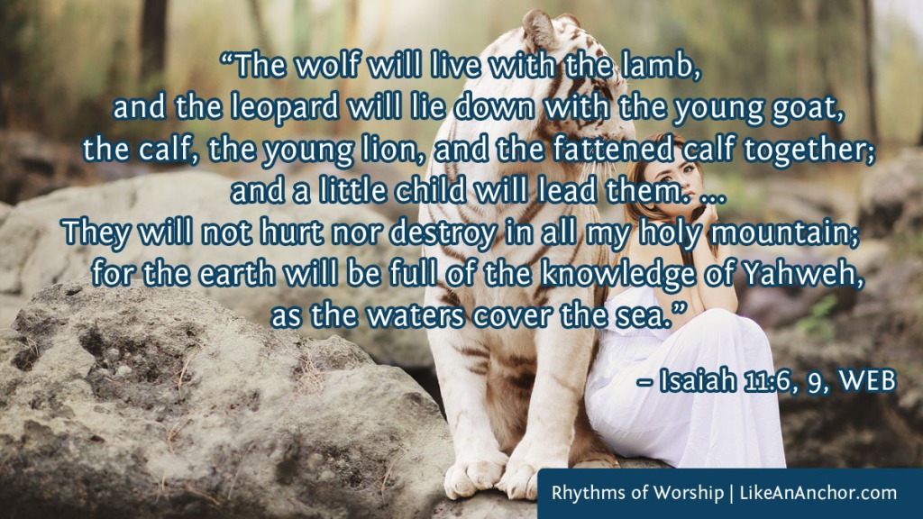 Image of a young woman sitting by a tiger, overlaid with text from Isaiah 11:6 and 9, WEB version: “The wolf will live with the lamb, and the leopard will lie down with the young goat, the calf, the young lion, and the fattened calf together; and a little child will lead them. ... They will not hurt nor destroy in all my holy mountain; for the earth will be full of the knowledge of Yahweh, as the waters cover the sea.”
