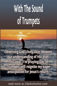 Image of someone standing on a beach blowing a shofar with the blog's title text and the words "Observing God's holy days deepens our understanding of His plan. This year, I'm praying Day of Trumpets will reignite my eager anticipation for Jesus's return."