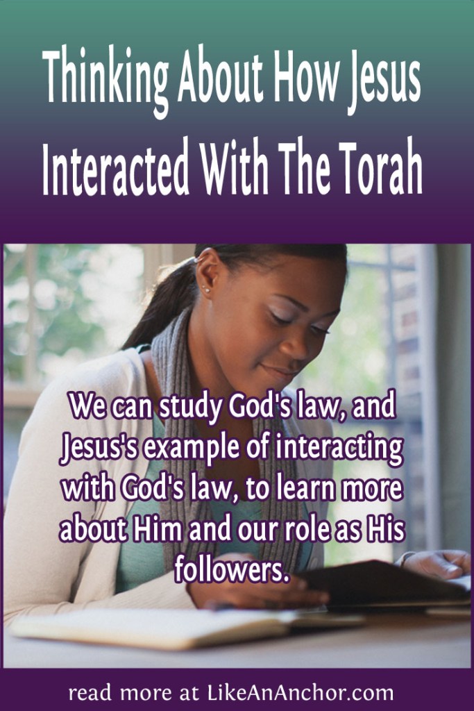 Image of a woman reading the Bible, overlaid with blog's title text and the words, "We can study God's law, and Jesus's example of interacting with God's law, to learn more about Him and our role as His followers."