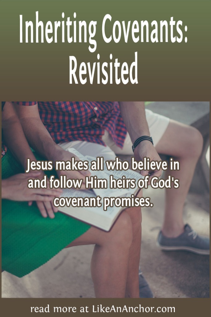 Image of a man and woman reading the Bible together, overlaid with blog's title text and the words, "Jesus makes all who believe in and fellow Him heirs of God's covenant promises."
