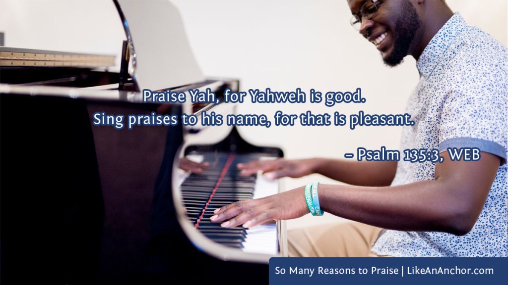Image of a happy man playing piano overlaid with text from Psalm 135:3, WEB version: "Praise Yah, for Yahweh is good. Sing praises to his name, for that is pleasant."
