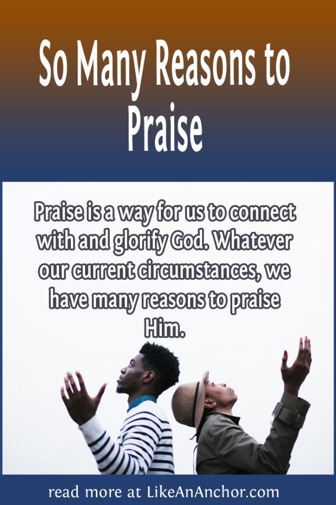 Image of a man and woman with their hands lifted in praise, overlaid with blog's title text and the words, "Praise is a way for us to connect with and glorify God. Whatever our current circumstances, we have many reasons to praise Him."