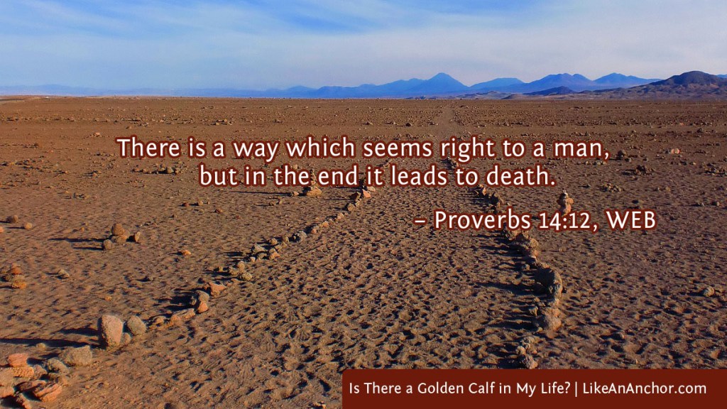 Image of a path leading into the desert overlaid with text from prov. 14:12, WEB version: "There is a way which seems right to a man, but in the end it leads to death.