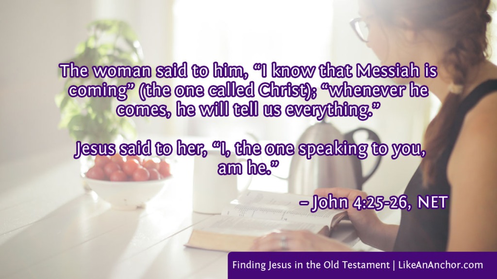Image of a woman studying the Bible overlaid with text from John 4:25-26, NET version:  The woman said to him, “I know that Messiah is coming” (the one called Christ); “whenever he comes, he will tell us everything.”
Jesus said to her, “I, the one speaking to you, am he.”