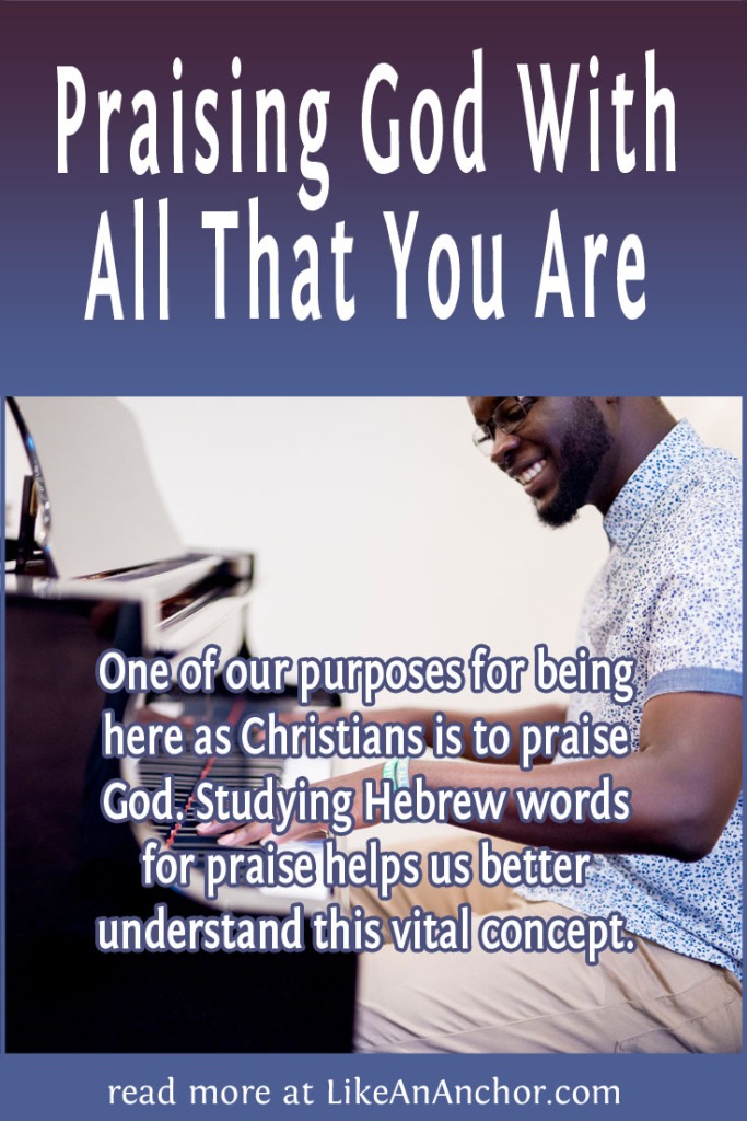 Image of a smiling man playing the piano, overlaid with blog's title text and the words, "One of our purposes for being here as Christians is to praise God. Studying Hebrew words for praise helps us better understand this vital concept."