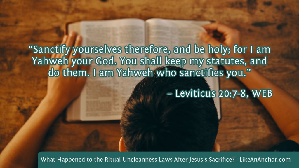 Image of a man reading the Bible overlaid with text from Lev. 20:7-8, WEB version: “Sanctify yourselves therefore, and be holy; for I am Yahweh your God. You shall keep my statutes, and do them. I am Yahweh who sanctifies you.”