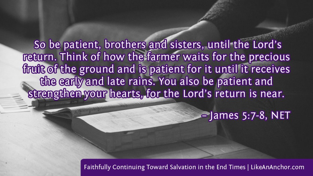 Image of a man studying the Bible overlaid with text from James 5:7-8, NET version: "So be patient, brothers and sisters, until the Lord’s return. Think of how the farmer waits for the precious fruit of the ground and is patient for it until it receives the early and late rains. You also be patient and strengthen your hearts, for the Lord’s return is near."