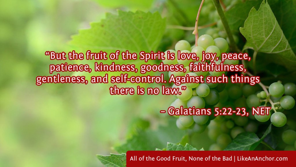 Image of green grapes overlaid with text from Gal. 5:22-23 version: "But the fruit of the Spirit is love, joy, peace, patience, kindness, goodness, faithfulness, gentleness, and self-control. Against such things there is no law. "