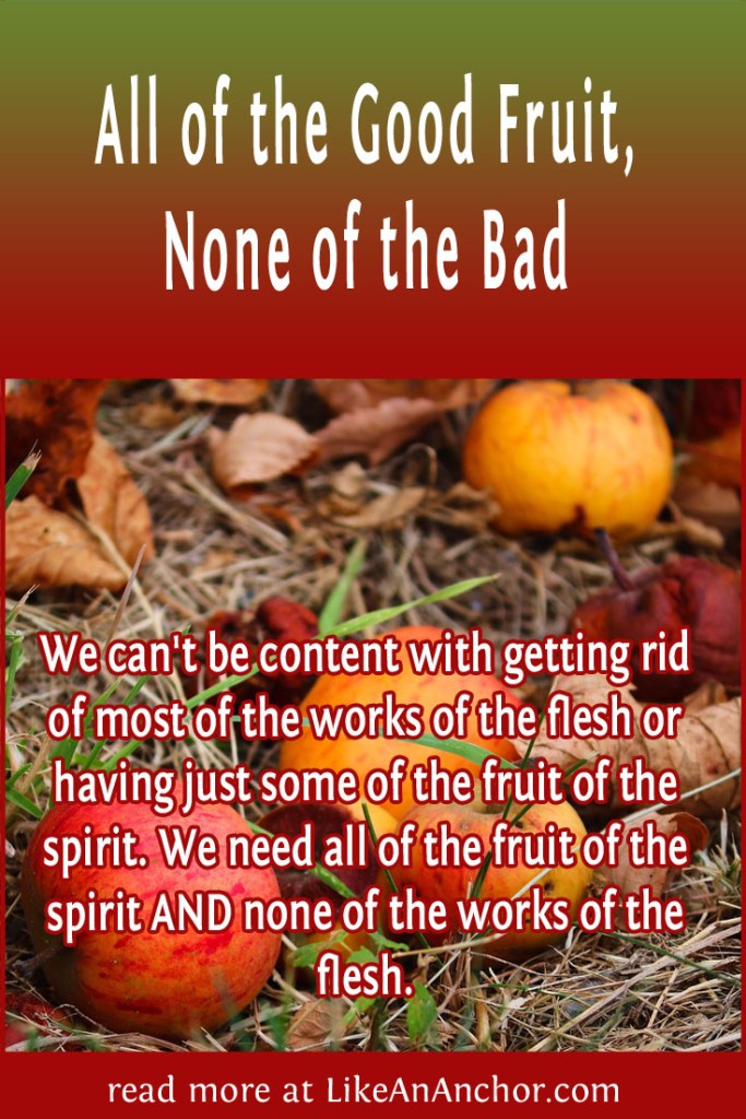 Image of good and bad apples on the ground overlaid with blog's title text and the words, "We can't be content with getting rid of most of the works of the flesh or having just some of the fruit of the spirit. We need all of the fruit of the spirit AND none of the works of the flesh."