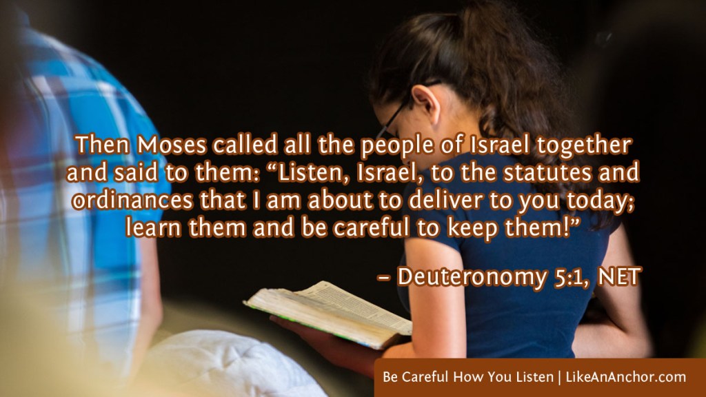 Image of a young woman standing in church services reading a Bible with text from Deut. 5:1, NET version: Then Moses called all the people of Israel together and said to them: “Listen, Israel, to the statutes and ordinances that I am about to deliver to you today; learn them and be careful to keep them!”