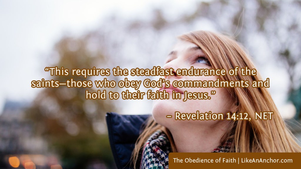 Image of a woman looking up at the sky overlaid with text from Rev. 14:12, NET version: “This requires the steadfast endurance of the saints—those who obey God’s commandments and hold to their faith in Jesus.”