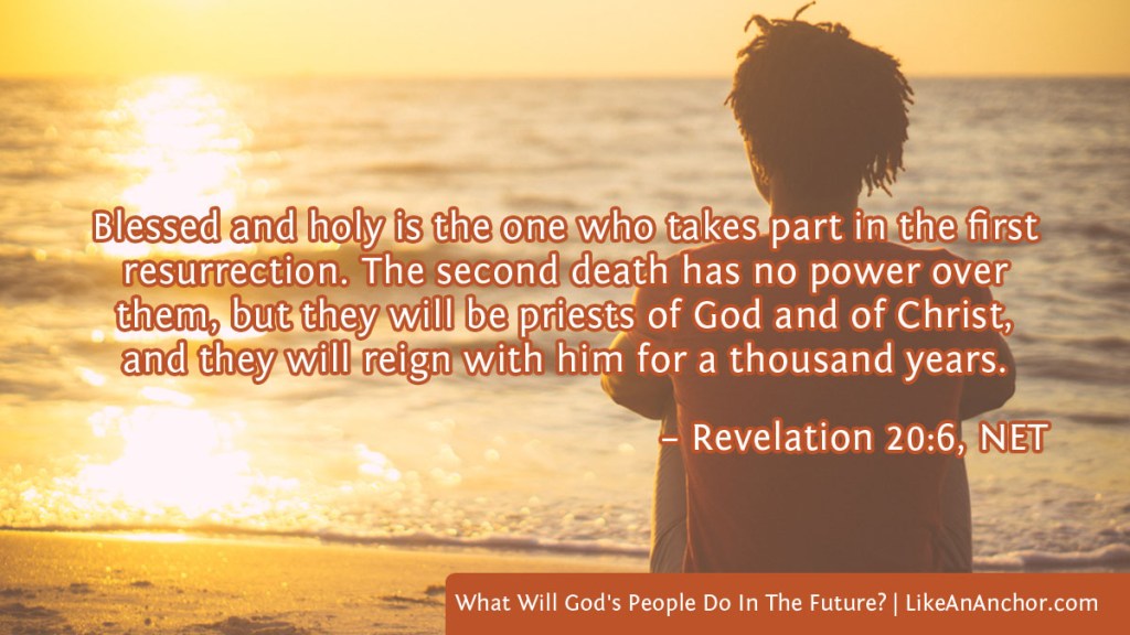 Image of a man sitting on a beach at sunset overlaid with text from Rev. 20:6, NET version: "Blessed and holy is the one who takes part in the first resurrection. The second death has no power over them, but they will be priests of God and of Christ, and they will reign with him for a thousand years.