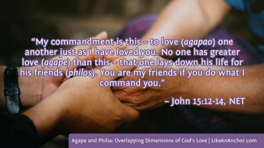 Image of two people's clasped hands overlaid with text from John 15:12-14, NET version: “My commandment is this – to love (agapao) one another just as I have loved you. No one has greater love (agape) than this – that one lays down his life for his friends (philos). You are my friends if you do what I command you.”