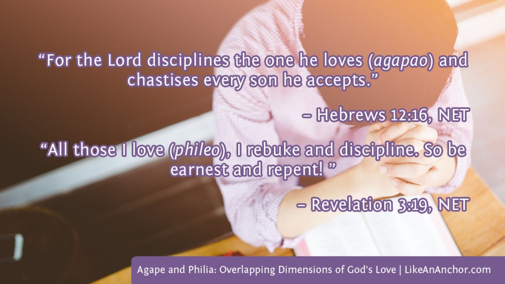 Image of a man sitting at a table with his head bowed over a Bible overlaid with two quotations: “For the Lord disciplines the one he loves (agapao) and chastises every son he accepts.” (Hebrews 12:16, NET) and "All those I love (phileo), I rebuke and discipline. So be earnest and repent!” ( Revelation 3:19, NET)