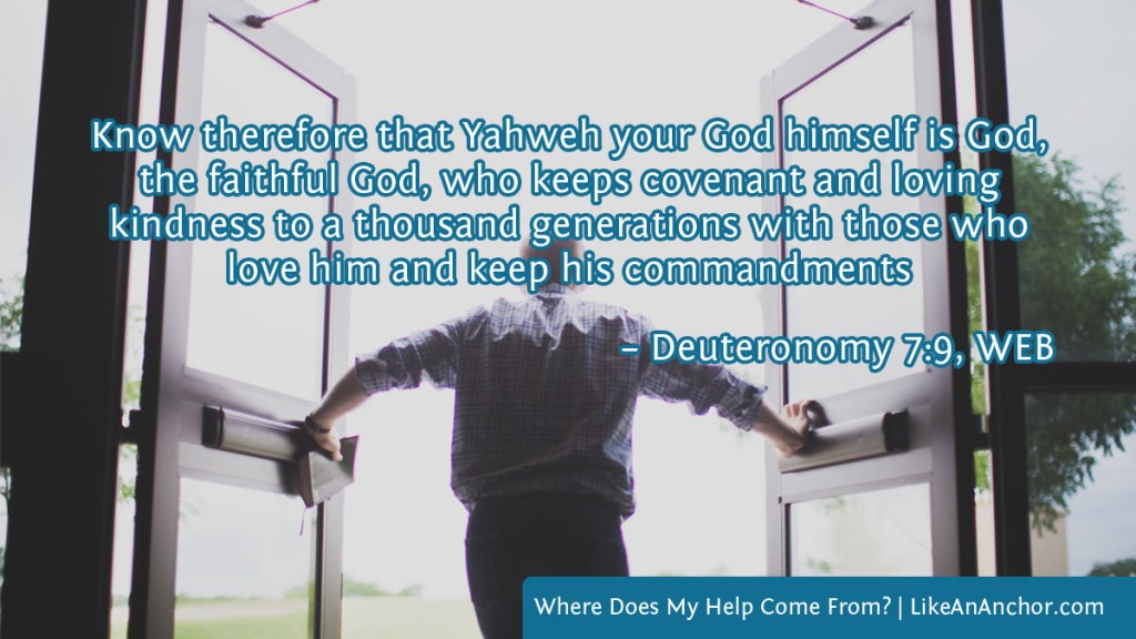 Image of a man pushing open glass doors to step outside overlaid with text from Deut. 7:9, WEB version: "Know therefore that Yahweh your God himself is God, the faithful God, who keeps covenant and loving kindness to a thousand generations with those who love him and keep his commandments"