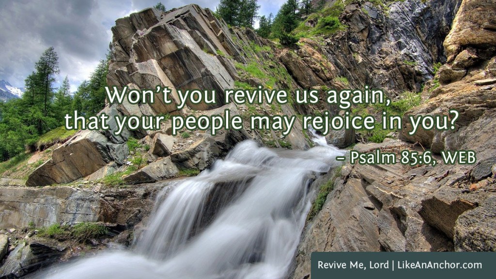 Image of a flowing stream overlaid with text from Psalm 85:6, WEB version: "Won’t you revive us again, that your people may rejoice in you?"
