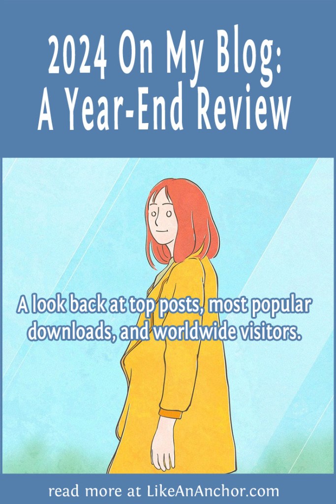 An image with the blog post's title and the illustrated image of a woman looking back at the viewer, overlaid with the words "A look back at top posts, most popular downloads, and worldwide visitors."