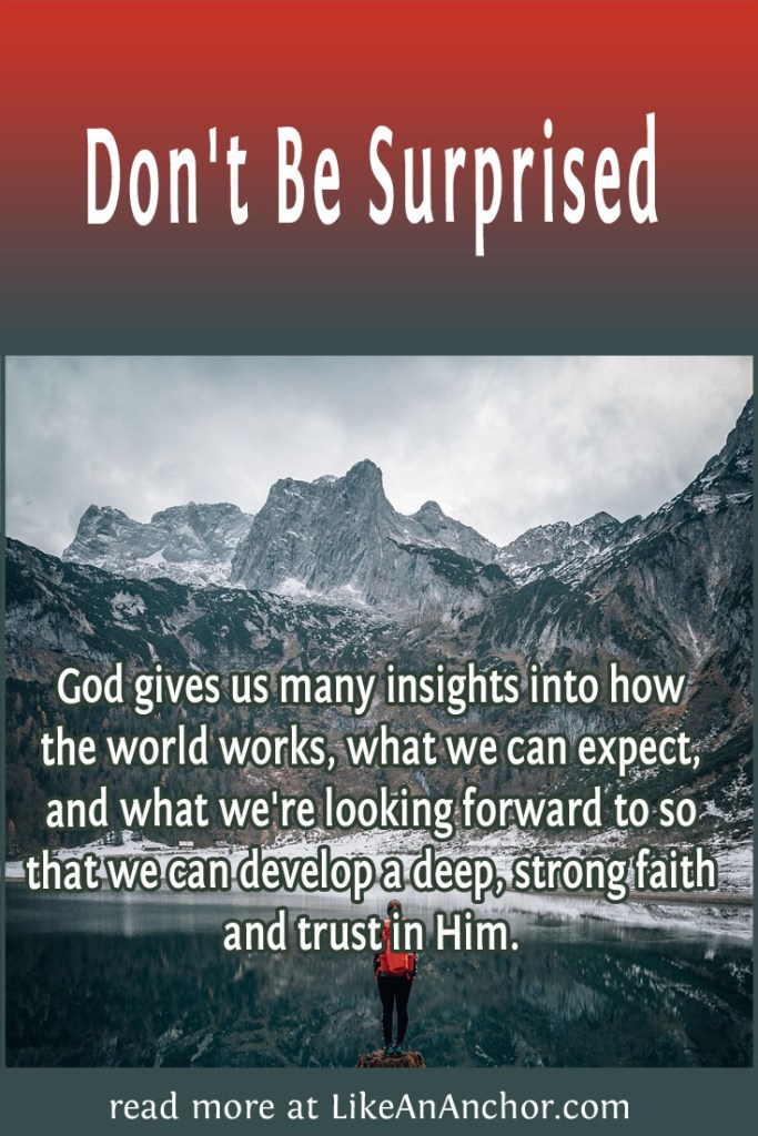 Image of a person standing at the edge of a pond looking at a tall mountain, overlaid with blog's title text and the words, "God gives us many insights into how the world works, what we can expect, and what we're looking forward to so that we can develop a deep, strong faith and trust in Him."